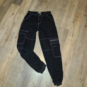 Rachel Paige Pants Women's Cargo Straight Parachute Baggy BLACK SMALL